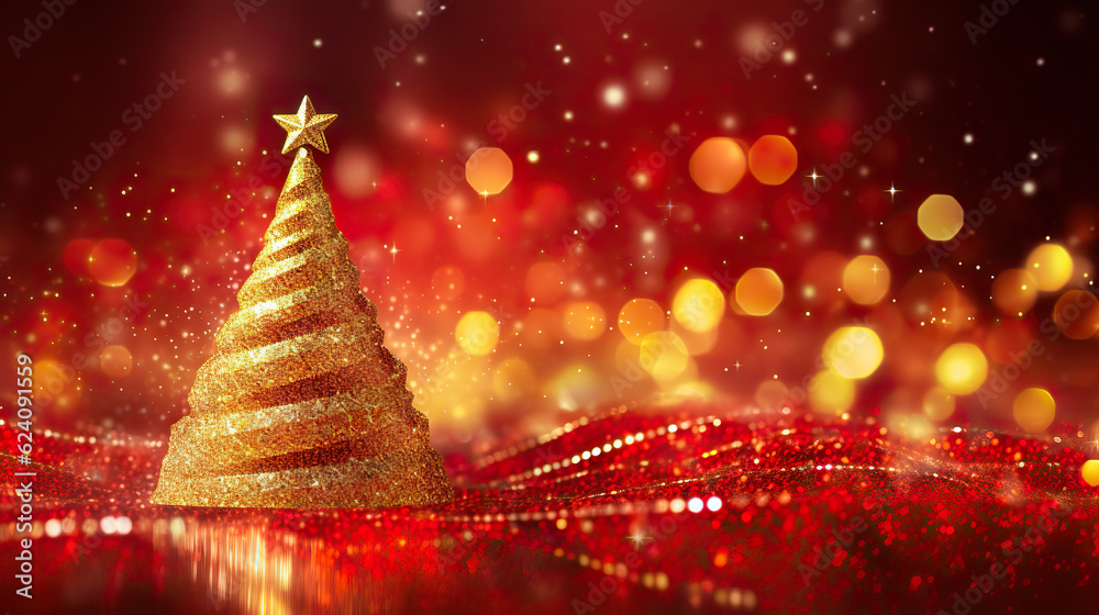 Radiant Elegance: Golden Christmas Tree Shining in a Red Festive Background. created with Generative AI Radiant Elegance: Golden Christmas Tree Shining in a Red Festive Background. created with Generative AI