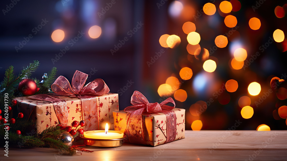 Cozy Christmas Home Room Gift Box Below Tree with Festive Lights and Fireplace. created with Generative AI Cozy Christmas Home Room Gift Box Below Tree with Festive Lights and Fireplace. created with Generative AI