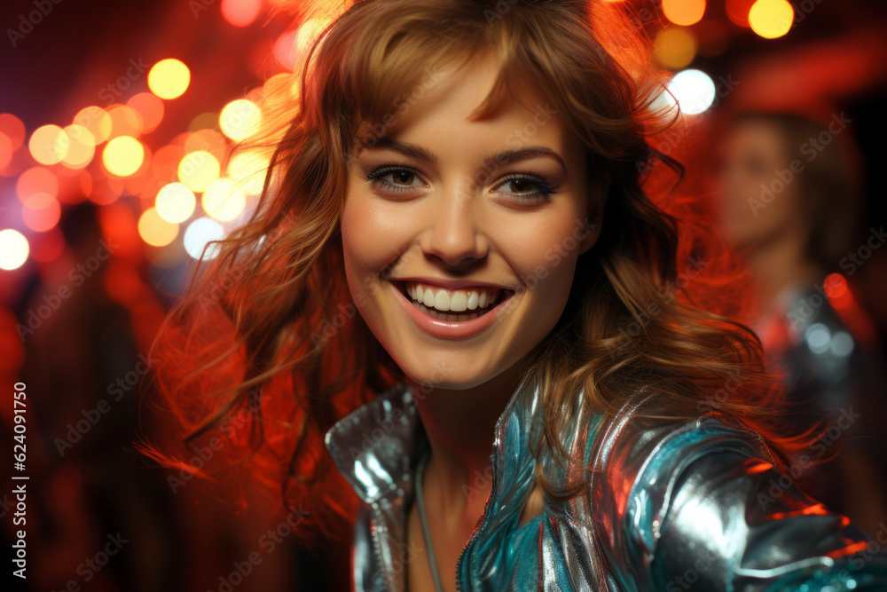 Retrowave smiling woman at dancing sparkle night with retro shiny dress in 70s style Retrowave smiling woman at dancing sparkle night with retro shiny dress in 70s style