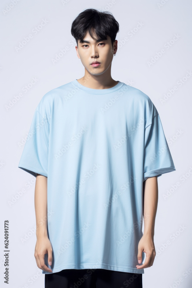 Asian man wearing plain pure light blue blank oversized crew neck loose t-shirt isolated on white background Asian man wearing plain pure light blue blank oversized crew neck loose t-shirt isolated on white background