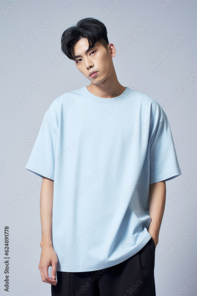 Asian man wearing plain pure light blue blank oversized crew neck loose t-shirt isolated on white background Asian man wearing plain pure light blue blank oversized crew neck loose t-shirt isolated on white background