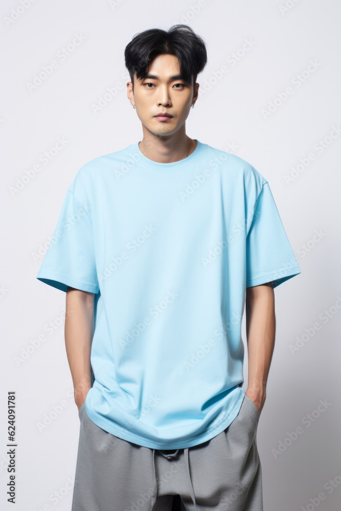 Asian man wearing plain pure light blue blank oversized crew neck loose t-shirt isolated on white background Asian man wearing plain pure light blue blank oversized crew neck loose t-shirt isolated on white background