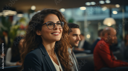Young smiling finance professional woman with formal clothes and glasses in busy conference room at office with people behind