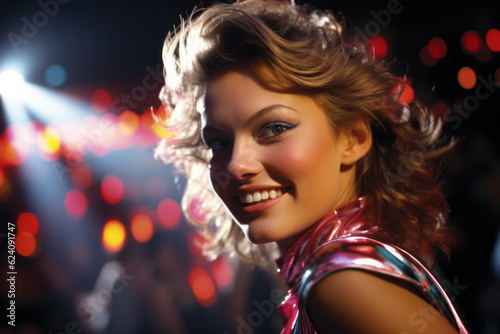 Retrowave smiling woman at dancing sparkle night with retro shiny dress in 70s style