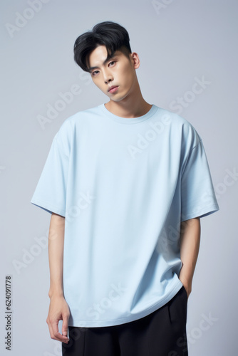 Asian man wearing plain pure light blue blank oversized crew neck loose t-shirt isolated on white background