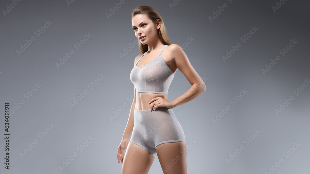 Model mit Body Shape Forming Damenwäsche in modernen Design als Produktfotografie Nahaufnahme, ai generativ Model mit Body Shape Forming Damenwäsche in modernen Design als Produktfotografie Nahaufnahme, ai generativ