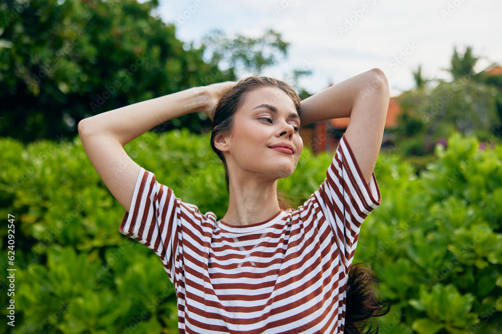 woman t-shirt meadow freedom walk summer park lifestyle beautiful smiling nature woman t-shirt meadow freedom walk summer park lifestyle beautiful smiling nature