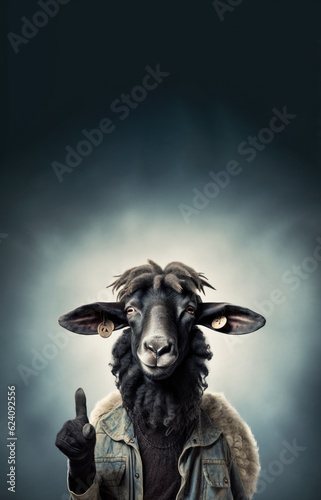 Funny dark sheep with black wool, wearing jeans jacket, smiling, pointing finger above, to empty copy space vertical banner. Generative AI