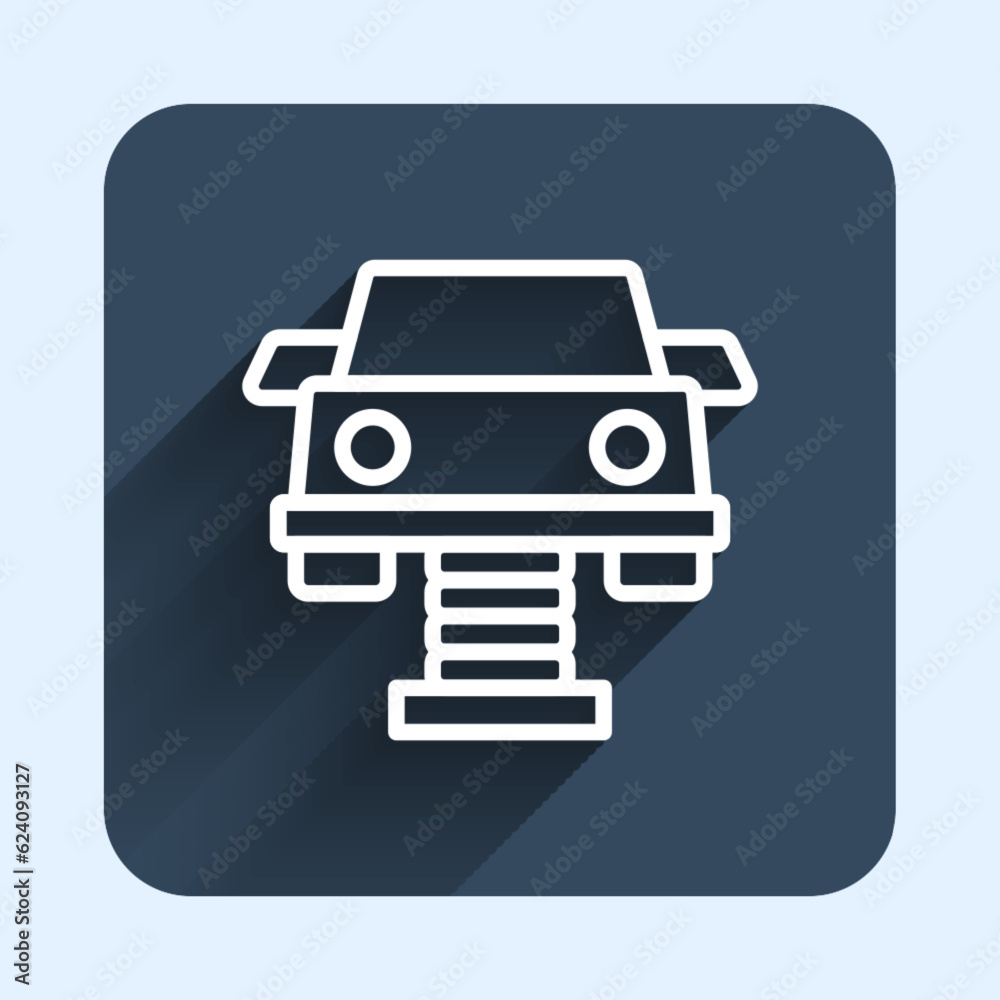 White line Swing car on the playground icon isolated with long shadow background. Childrens carousel with car. Amusement icon. Blue square button. Vector White line Swing car on the playground icon isolated with long shadow background. Childrens carousel with car. Amusement icon. Blue square button. Vector