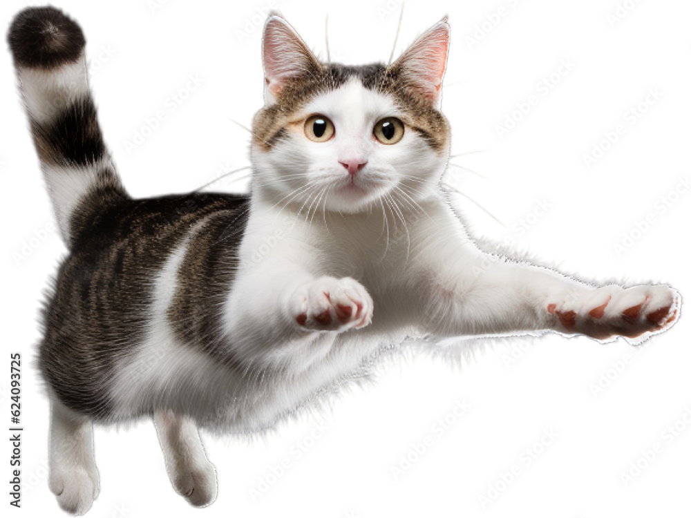 Graceful Japanese Bobtail Cat in a Leaping Pose - Transparent Background