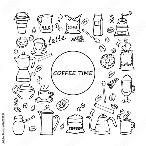 Hand drawn coffee sketch set drinks, cups, snacks, coffee utensils. Monochrome vector illustration for postcards, menus and decorations.