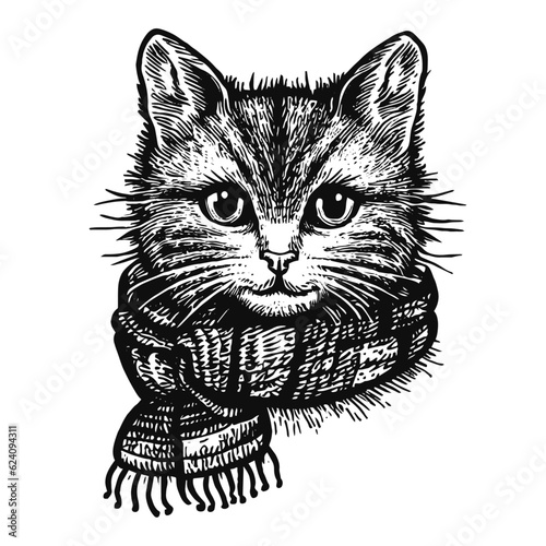 cute cat wearing a scarf vintage sketch