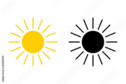 Sun icon set. Collection of yellow sun and black silhouette. Vector illustration for use as weather, sunlight, nature icon or logo isolated on white background