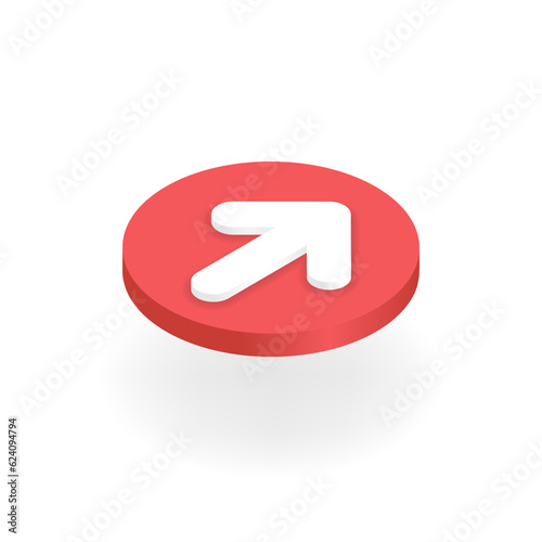 Isometric upload button. 3d file loading icon presented at left angle top view. Up arrow as file uploading, data transfer symbol for internet use. Vector illustration isolated on white background