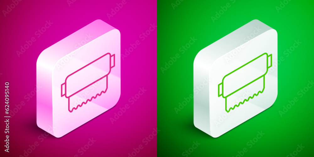 Isometric line Textile fabric roll icon isolated on pink and green background. Roll, mat, rug, cloth, carpet or paper roll icon. Silver square button. Vector Isometric line Textile fabric roll icon isolated on pink and green background. Roll, mat, rug, cloth, carpet or paper roll icon. Silver square button. Vector