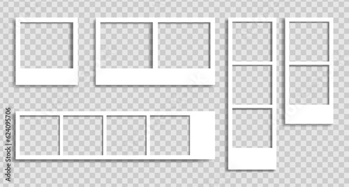 Empty white photo frame. Set realistic photo card frame in mockup style. Isolated blank on transparent background. Vector illustration.