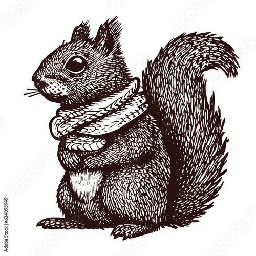 cute squirrel wearing a scarf vintage sketch