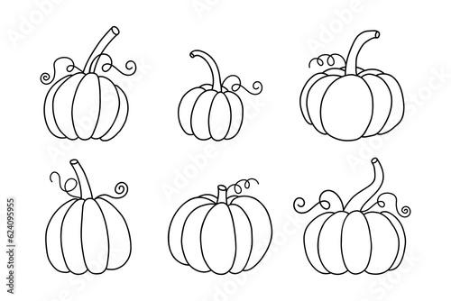 Pumpkins set icons. Isolated hand drawn doodle coloring. Line vector illustration