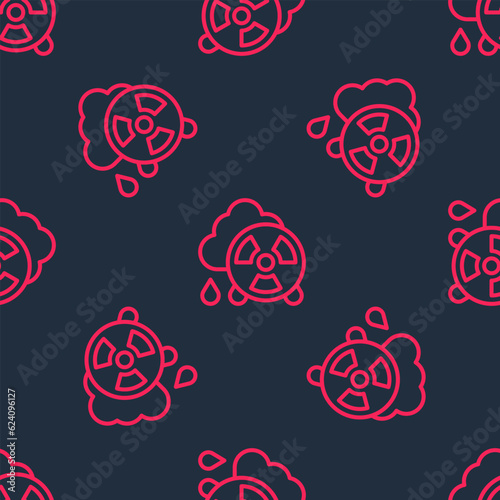Red line Acid rain and radioactive cloud icon isolated seamless pattern on black background. Effects of toxic air pollution on the environment. Vector