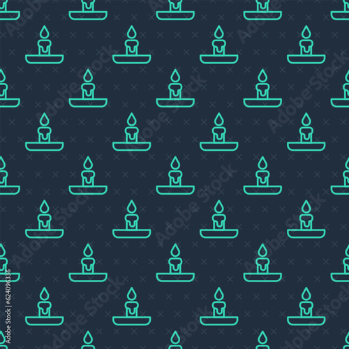 Green line Burning candle in candlestick icon isolated seamless pattern on blue background. Cylindrical candle stick with burning flame. Vector