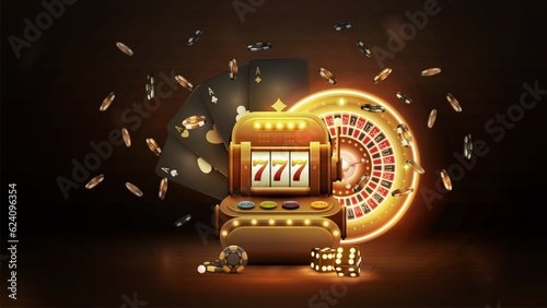 Gold Casino Slot Machine with black playing cards, neon gold roulette, dice and chips in dark scene. Casino backdrop for your arts