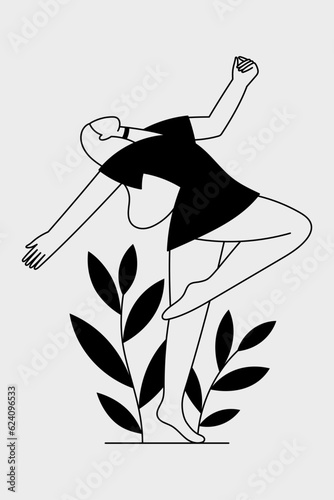 Dancing woman with plants vector line illustration. Girl in dance pose. Young woman in motion clipart
