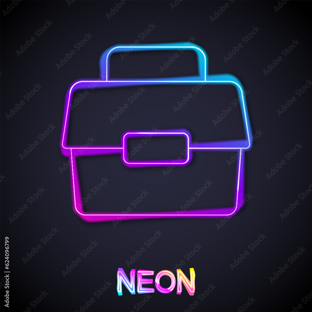 Glowing neon line Case or box container for wobbler and gear fishing  equipment icon isolated on black background. Fishing tackle. Vector Stock  Vector