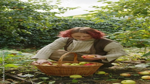 Vertical shot of young Caucasian girl picking up fallen apples in garden on autumn day, farmcore conceptVertical shot of young Caucasian girl picking up fallen apples in garden on autumn day, farmcore photo