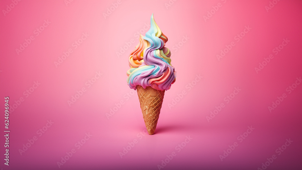 Schönes buntes Softeis mit Waffel in Regenbogenfarben und Pink Farben ...