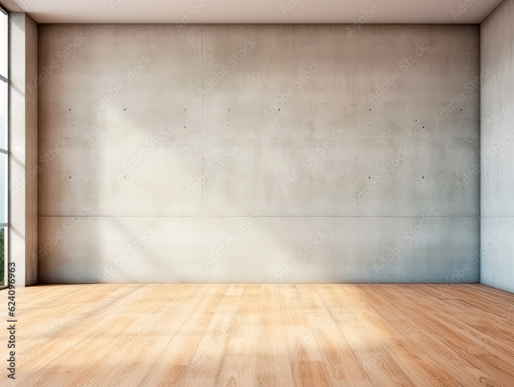 Empty room interior with concrete walls, wooden floor with light and soft skylight from window. Background with copy-space. Ai Generative illustration Empty room interior with concrete walls, wooden floor with light and soft skylight from window. Background with copy-space. Ai Generative illustration