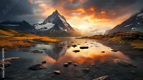 fantastic evening panorama of Bachalp lake in Switzerland Landscape