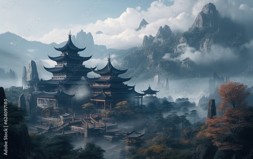 Chinese ancient architecture on the mountains,created with Generative AI tecnology.