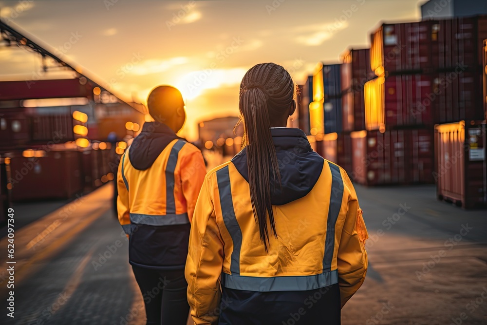 Two african american women logistic workers standing on outside warehouse with lots of cargo containers, close up back view, generative ai Two african american women logistic workers standing on outside warehouse with lots of cargo containers, close up back view, generative ai