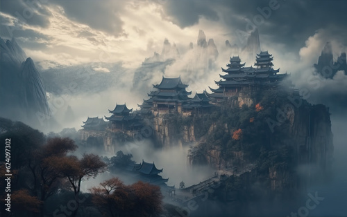 Chinese ancient architecture on the mountains created with Generative AI tecnology.