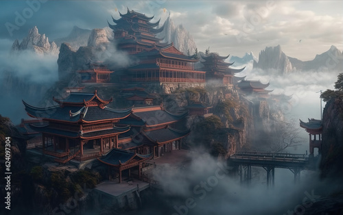 Chinese ancient architecture on the mountains,created with Generative AI tecnology.