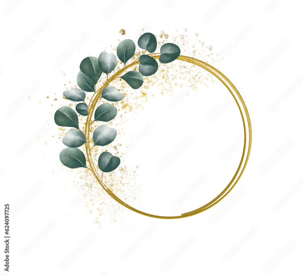 Golden circle frame with leaf vines Sawed eucalyptus leaves on the ...