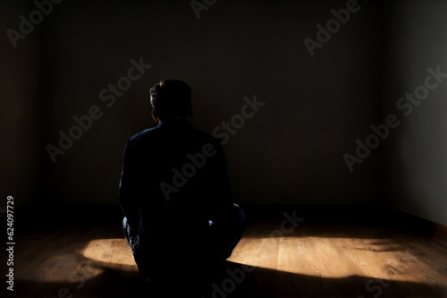 暗い部屋に一人ぼっちで膝を抱える男性の後ろ姿1: AI生成画像 Back view of a man holding his knees, alone in a dark room. generative AI