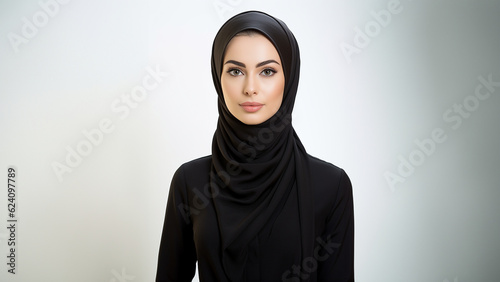 Hübsche arabische Frau Gesicht mit einem schwarzen hijab hidschäb umhüllt porträt, ai generativ