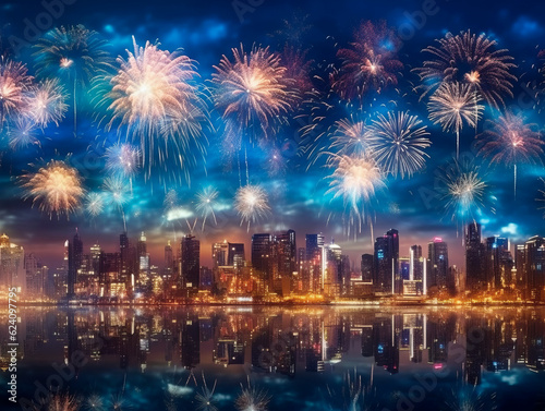 Beautiful night cityscape with the city lights on. Skyscrapers skyline waterfront with fireworks. New Year holiday celebrating concept. Ai Generative illustration.