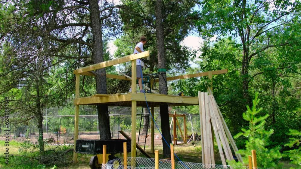 Man working on top of zip line starting platform and future tree house. There are two large trees going through platform and tree house. Man working on top of zip line starting platform and future tree house. There are two large trees going through platform and tree house.