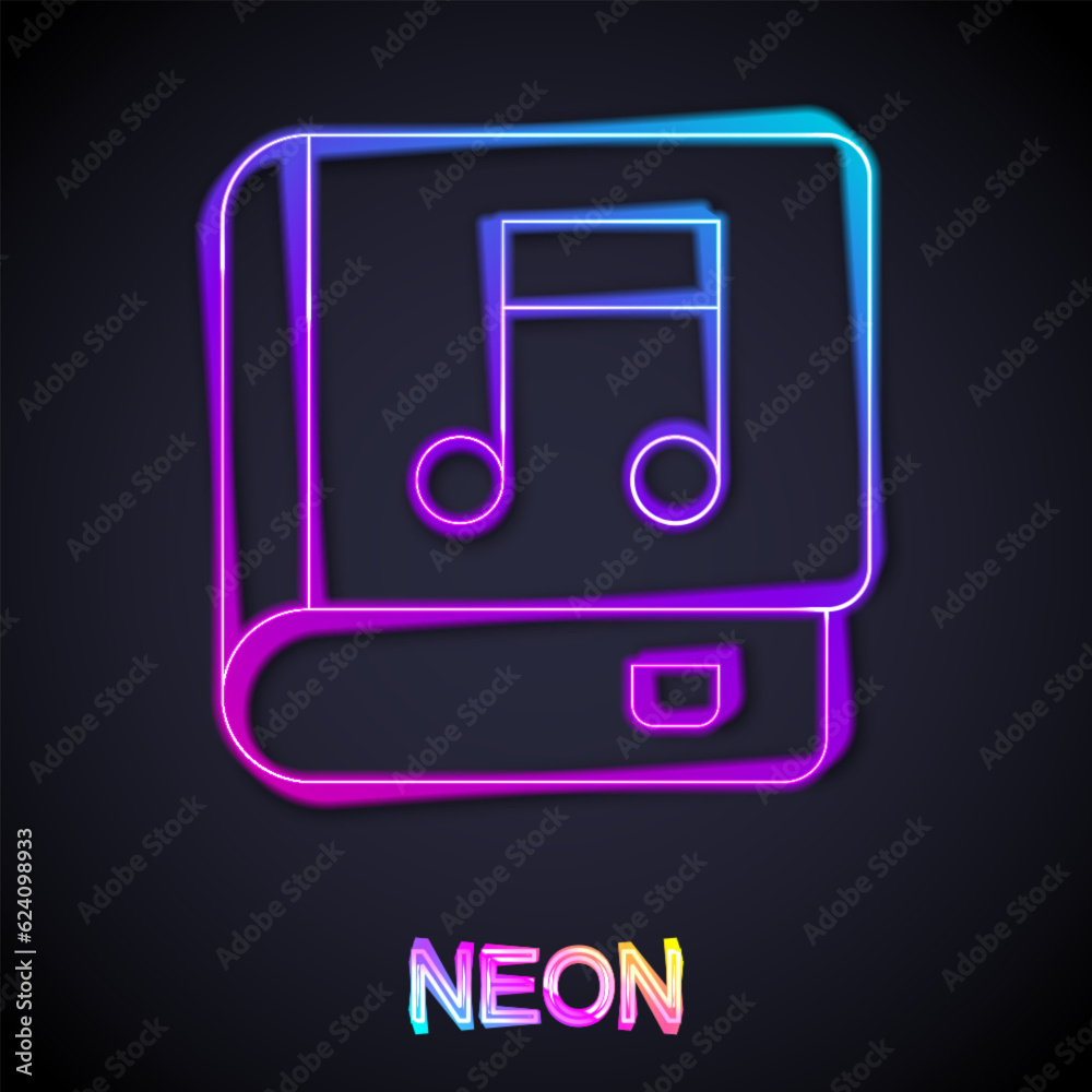 Glowing neon line Audio book icon isolated on black background. Musical note with book. Audio guide sign. Online learning concept. Vector Glowing neon line Audio book icon isolated on black background. Musical note with book. Audio guide sign. Online learning concept. Vector