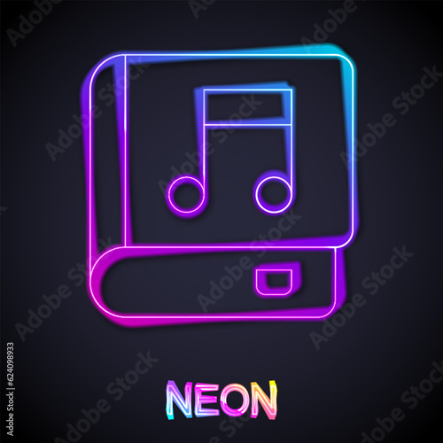 Glowing neon line Audio book icon isolated on black background. Musical note with book. Audio guide sign. Online learning concept. Vector