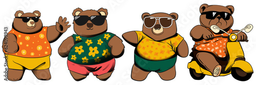 Teddy Bear Chubby Groovy Funky Retro wearing cute T shirt and sunglasses riding scooter