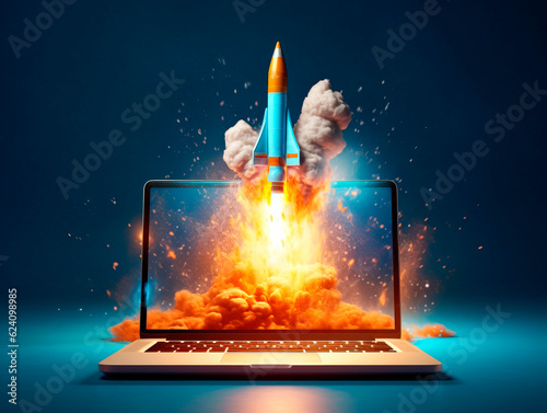 Rocket starts from computer device screen. Spaceship launch from Laptop. Concept of a successful start up of a business. Creative idea, education online. Ai Generative illustration © peshkova