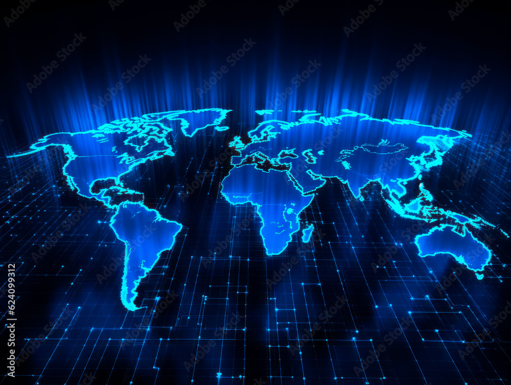 Digital world map background, earth network. Worldmap in neon light ...