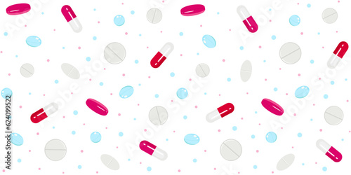 Blue, red and white medicines and vitamins on a white background. Vector seamless pattern for medical center, pharmacy, hospital, surface texture, print. Concept of medicine, health and health service