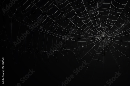 Solitary spider spins delicate web in the night, adorned with raindrop jewels. © TooToo