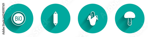 Set Banner for bio, Rolling pin, Corn and Mushroom icon with long shadow. Vector
