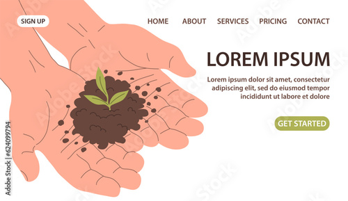 A young green sprout with soil in the hands of a man. Caring for nature and ecology. Garden, vegetable garden and farm. Cartoon vector illustration on white background. Design for banner, website