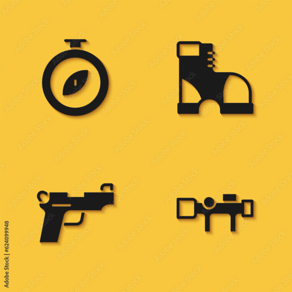 Set Compass, Sniper optical sight, Pistol or gun and Hunter boots icon with long shadow. Vector